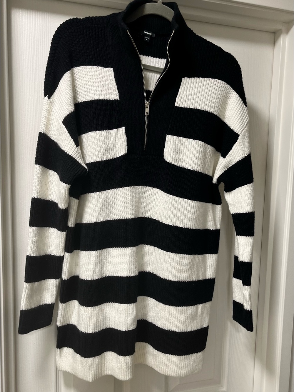 Express Black and White Striped Half-Zip Turtle Neck SWEATER